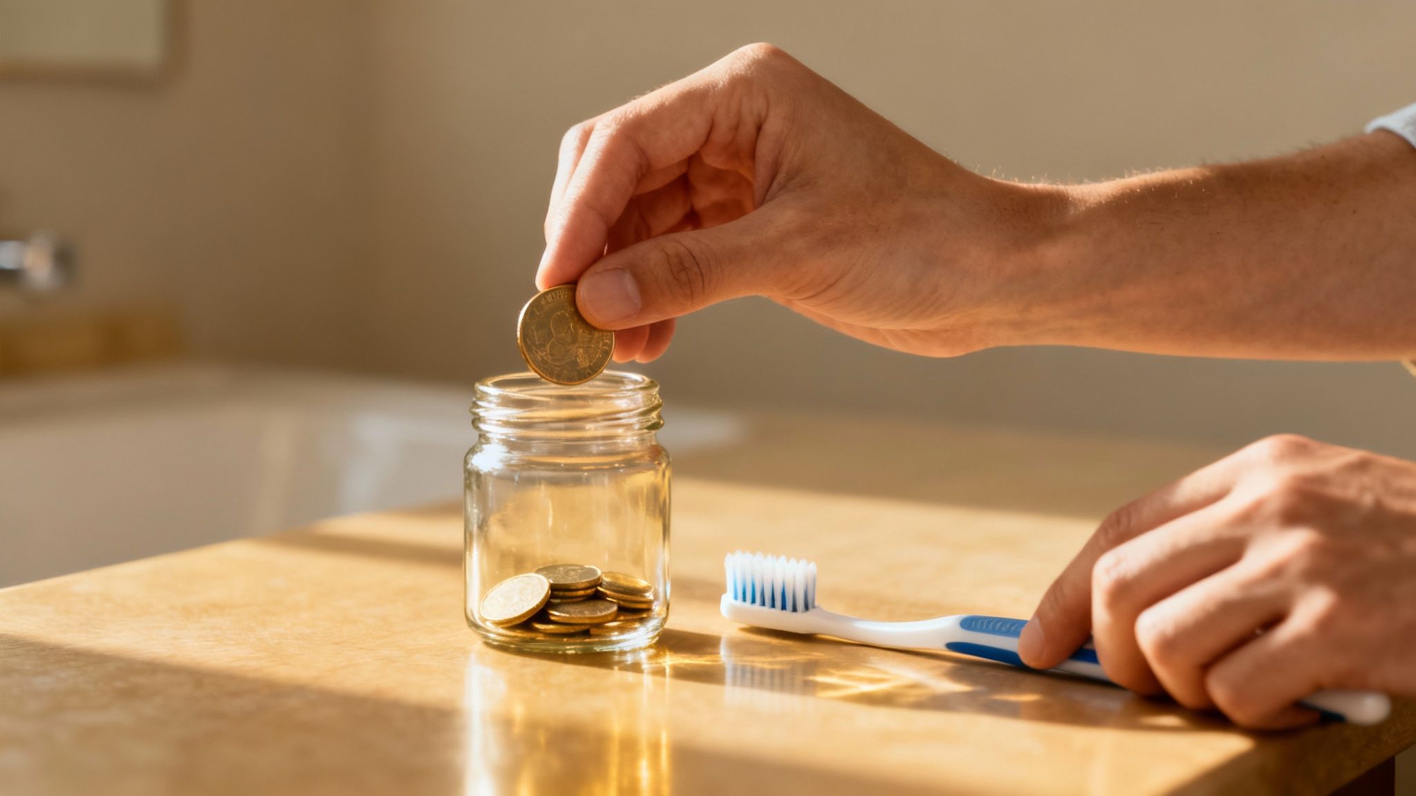A hand drops a coin into a savings jar, with a toothbrush nearby, symbolizing dental care savings.