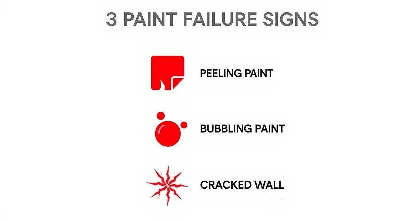 Infographic showing icons for Peeling, Bubbling, and Cracking paint failure signs.