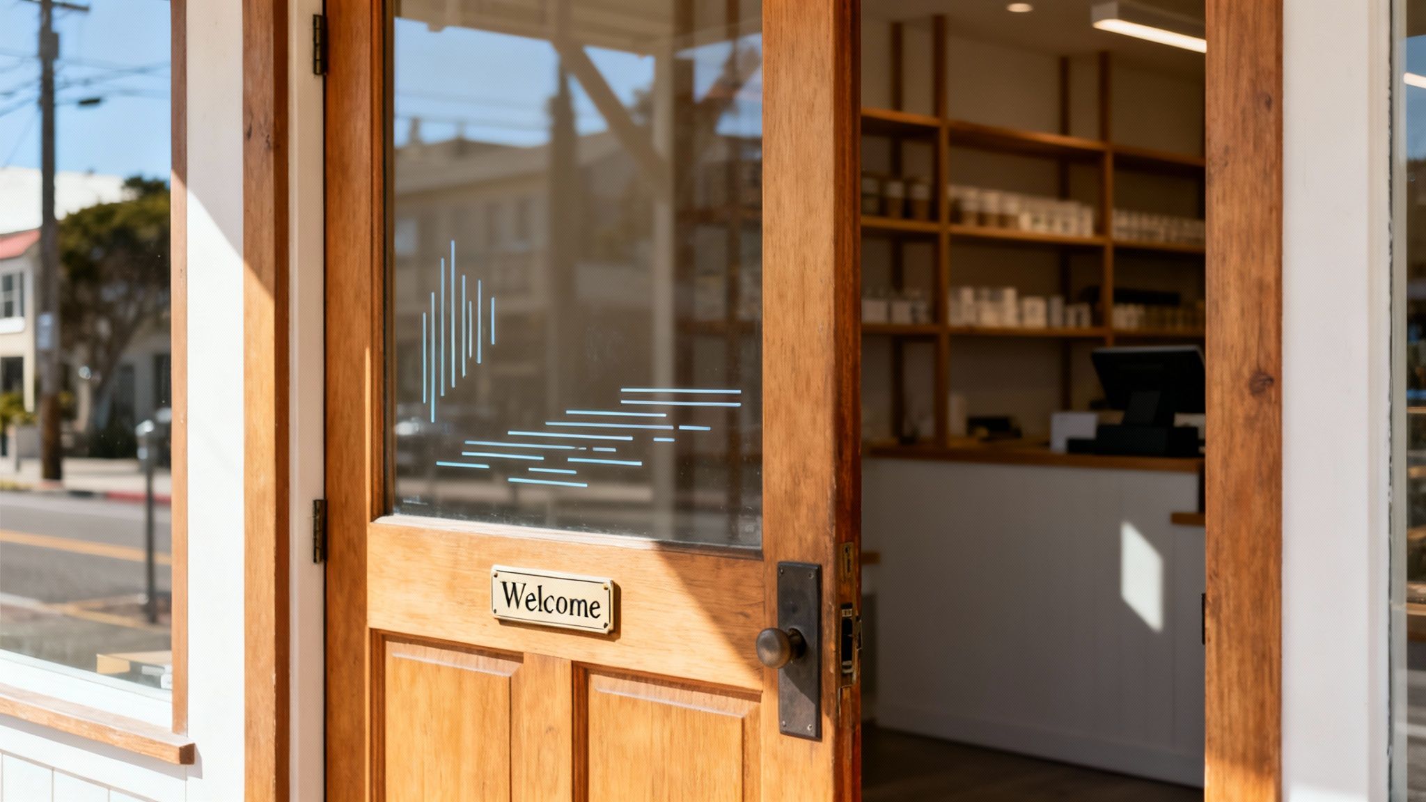 An open wooden storefront door with a 'Welcome' sign, showing the street reflection and interior shelves.