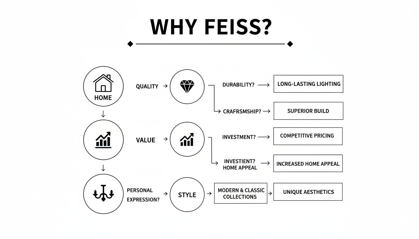Flowchart explaining Feiss benefits in terms of quality, value, and personal expression.