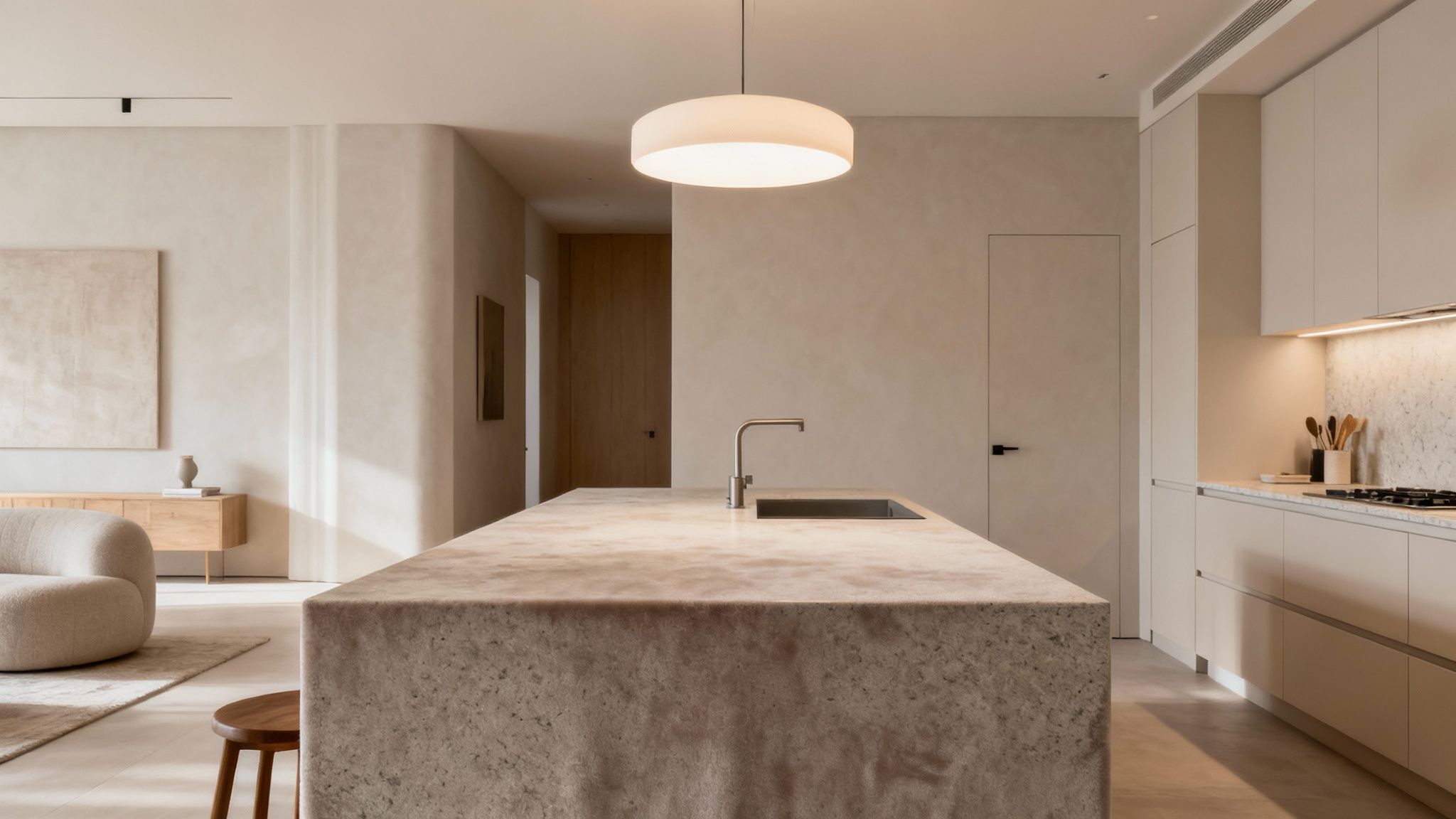 A modern bathroom with honed marble flooring and countertops.