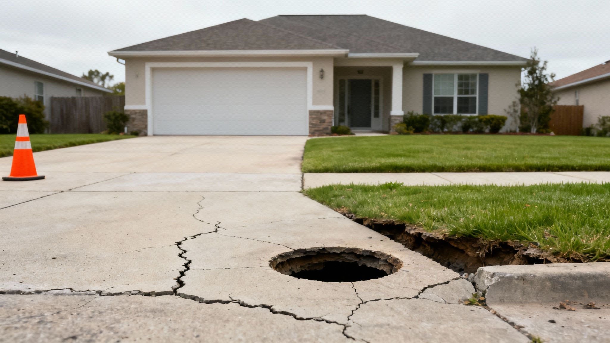 A large sinkhole has opened in a cracked concrete driveway, with an orange cone nearby.