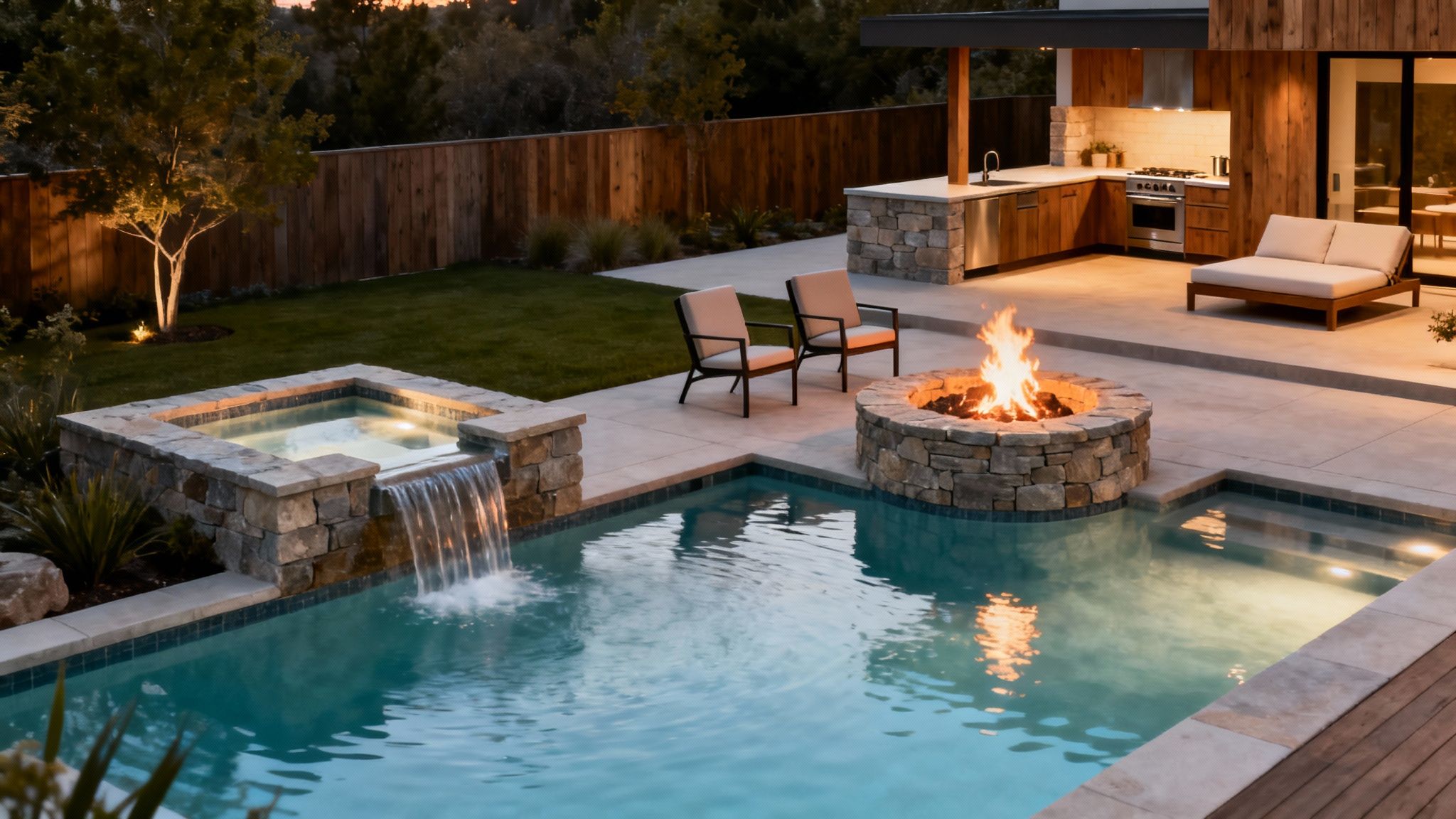 An inviting outdoor oasis at dusk with a swimming pool, hot tub, fire pit, and outdoor kitchen.