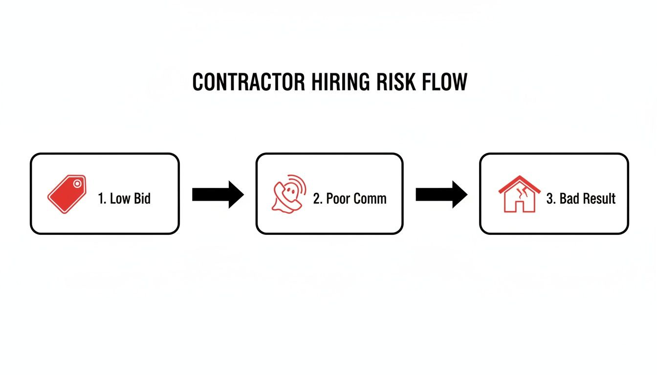 A contractor hiring risk flow diagram showing low bids, poor communication, and bad results.