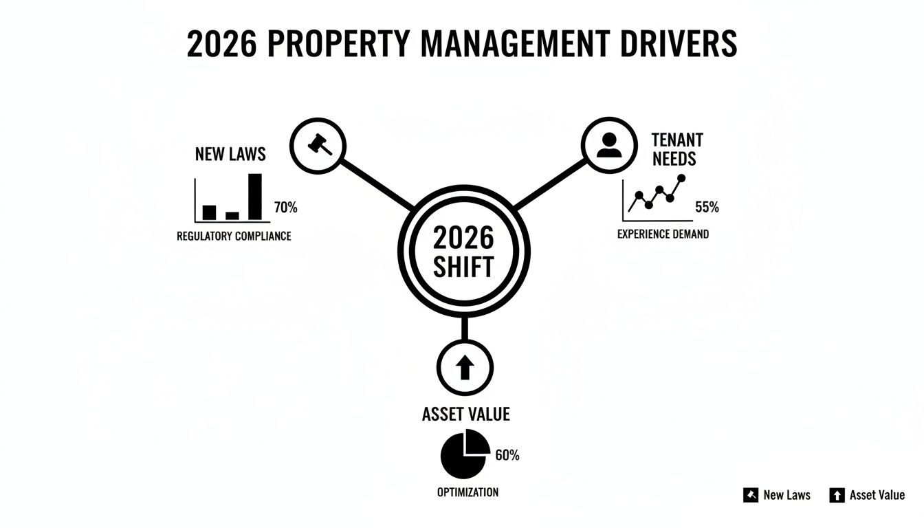 Diagram illustrating 2026 property management drivers: New Laws, Tenant Needs, and Asset Value.
