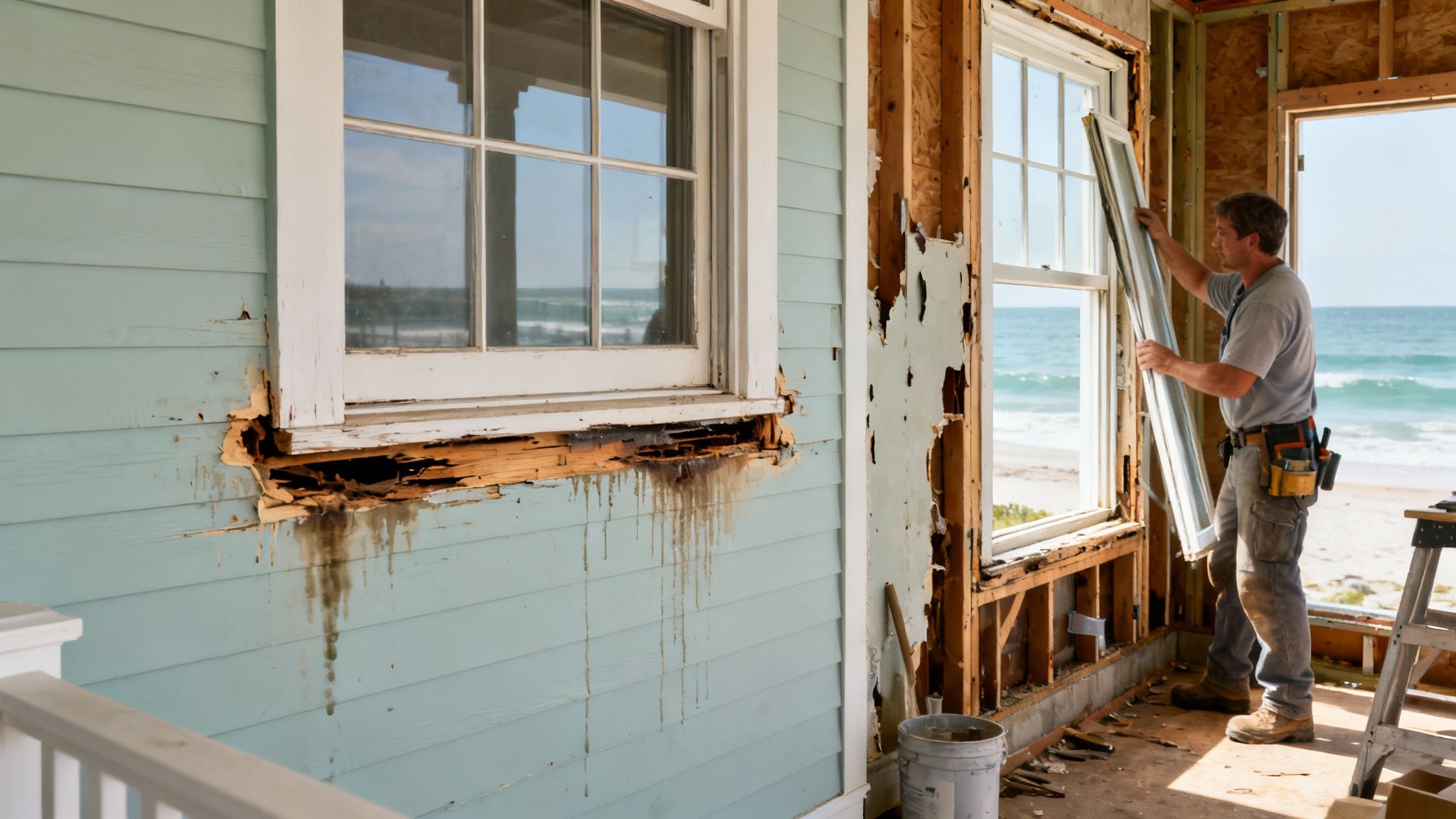 A worker installs a new window in a beach house undergoing renovation, with visible wood rot.