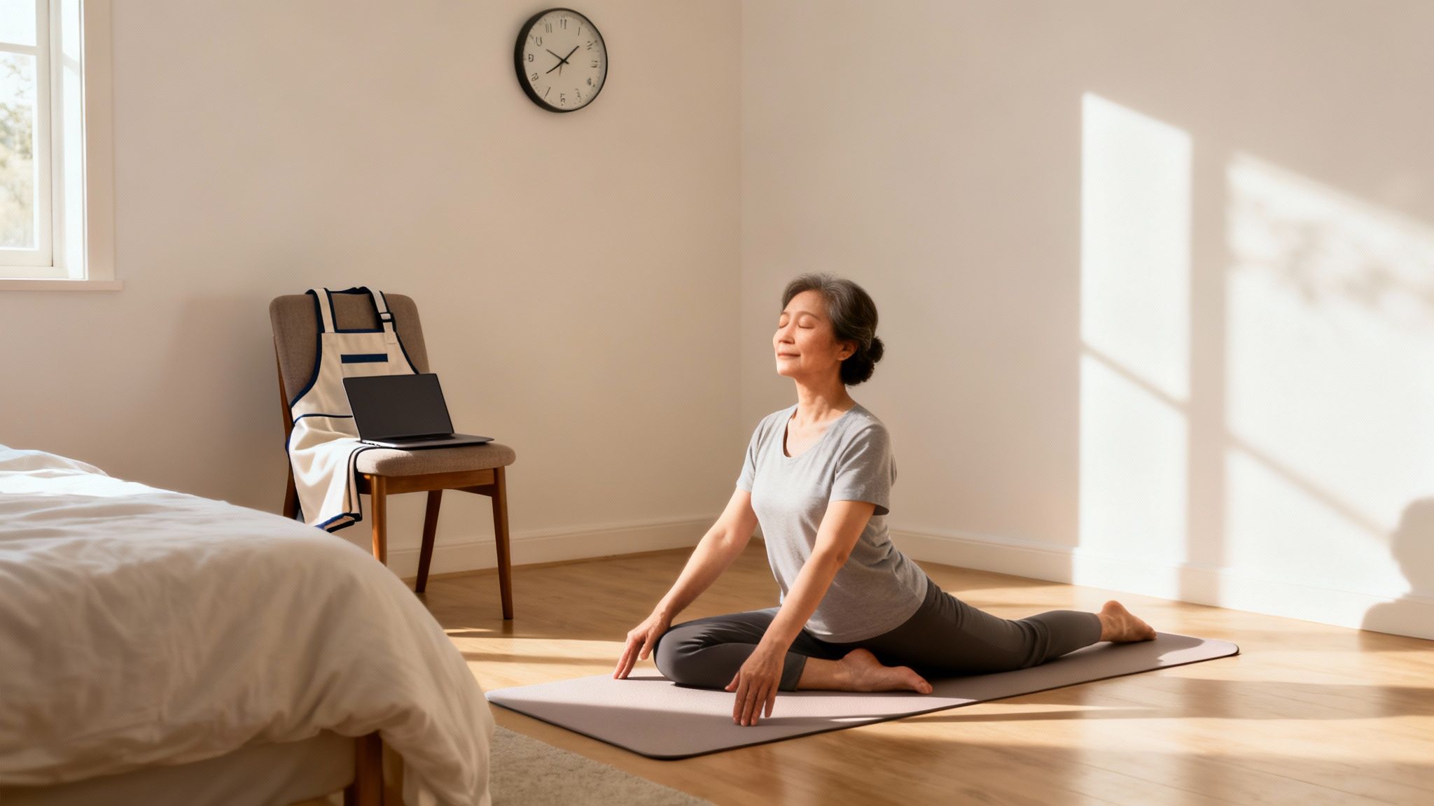 An elderly Asian woman practices yoga in a sunlit room, finding peace and relaxation.