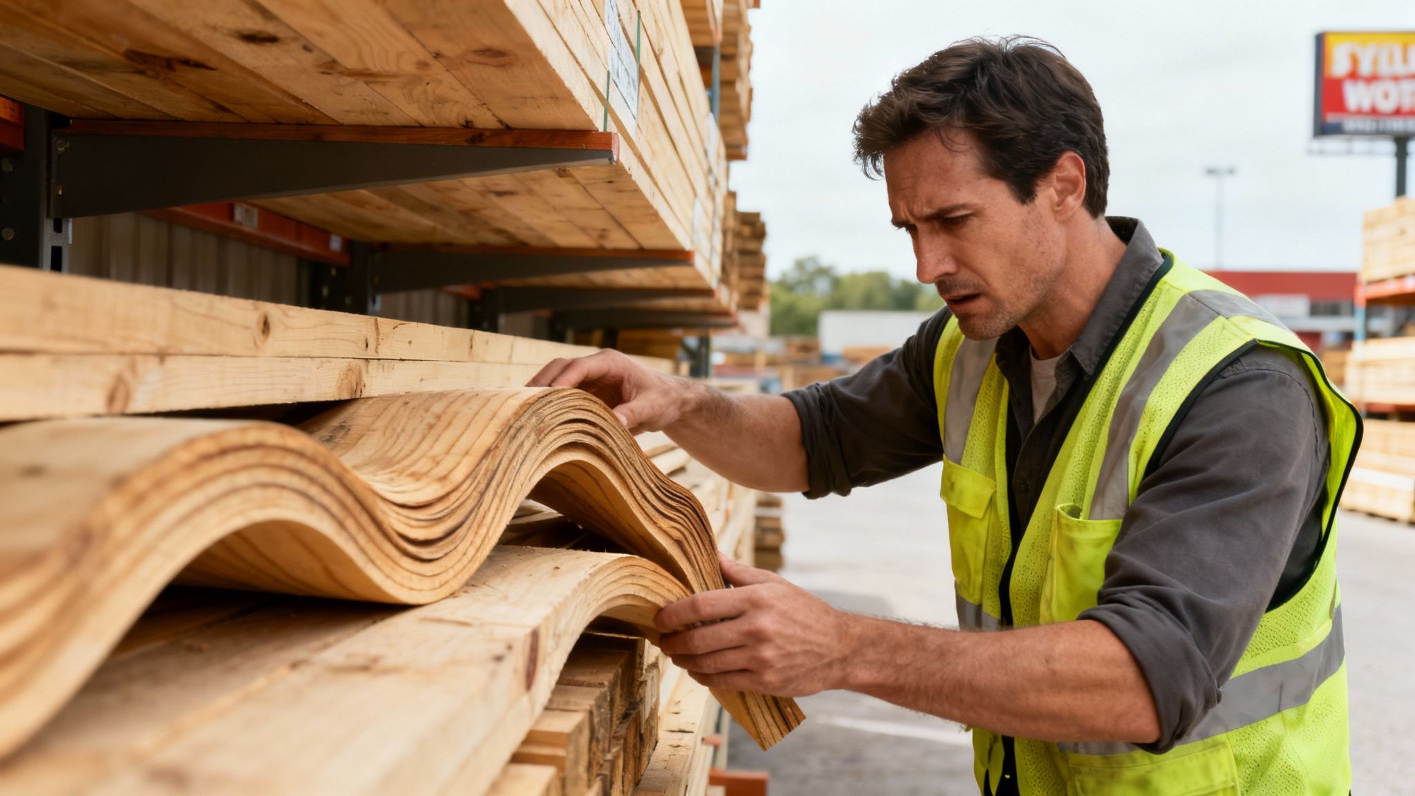 A man in a safety vest inspects curved wooden planks on a storage shelf at a lumberyard.