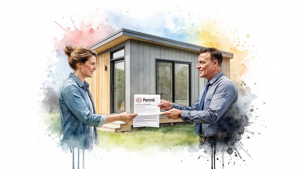 A man hands a building permit document to a smiling woman in front of a modern home.