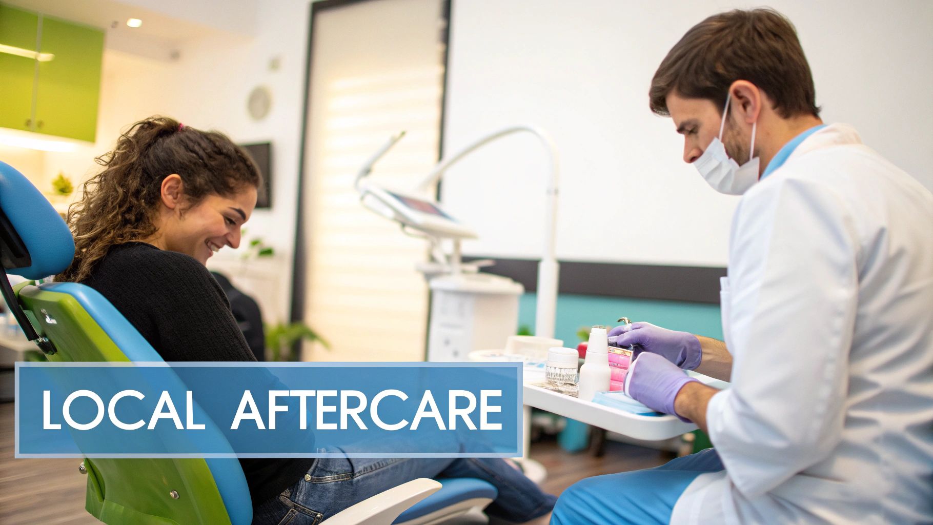 A smiling female patient sits in a dental chair while a dentist, masked and gloved, prepares tools. Text overlay reads 'LOCAL AFTERCARE'.