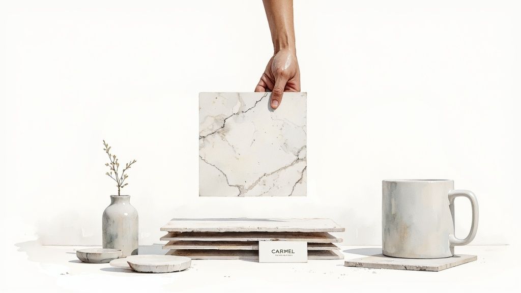 A showroom featuring a wide selection of natural stone slabs, with customers browsing the options.