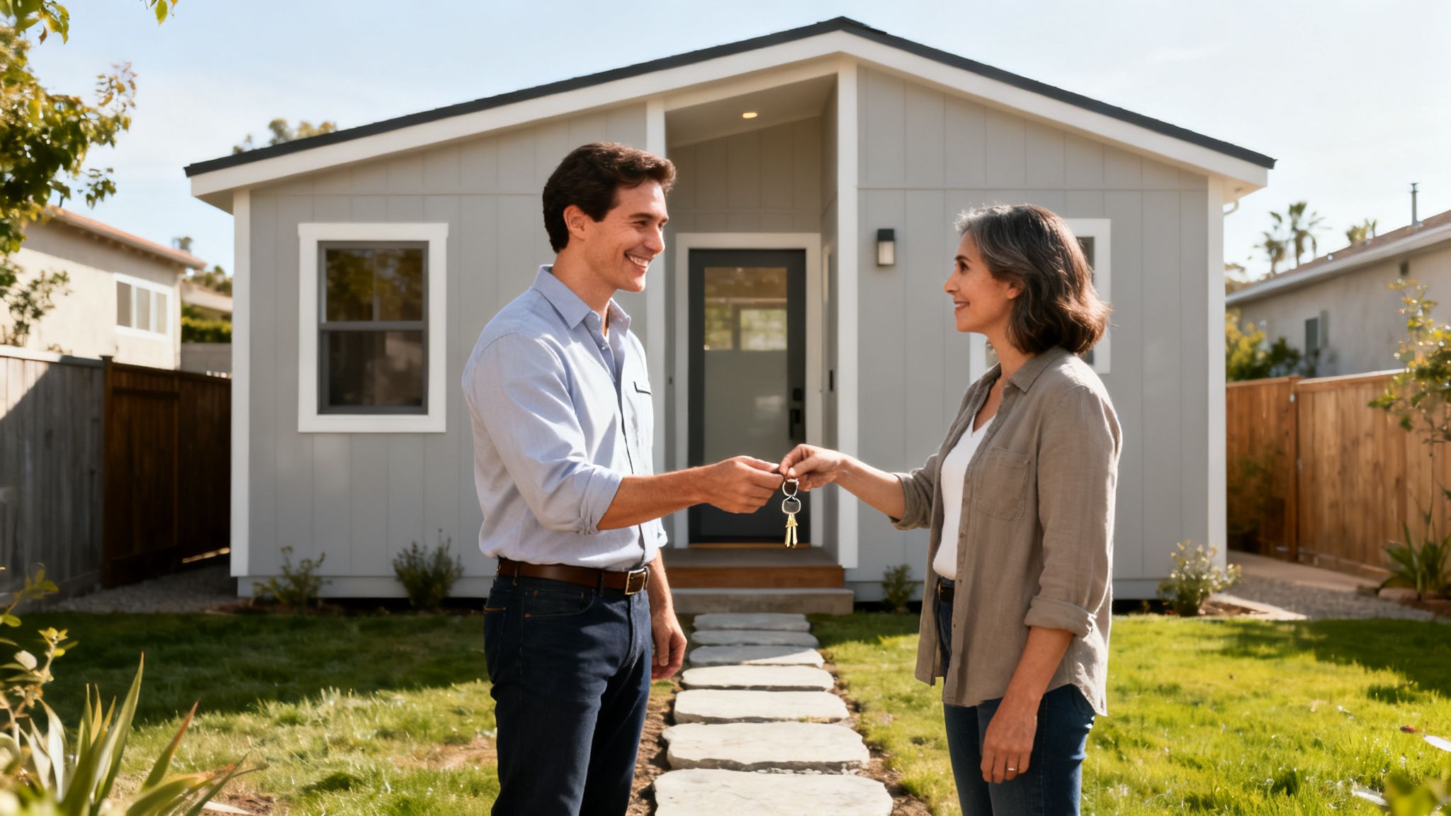 A man hands house keys to a smiling woman in front of a modern backyard ADU.