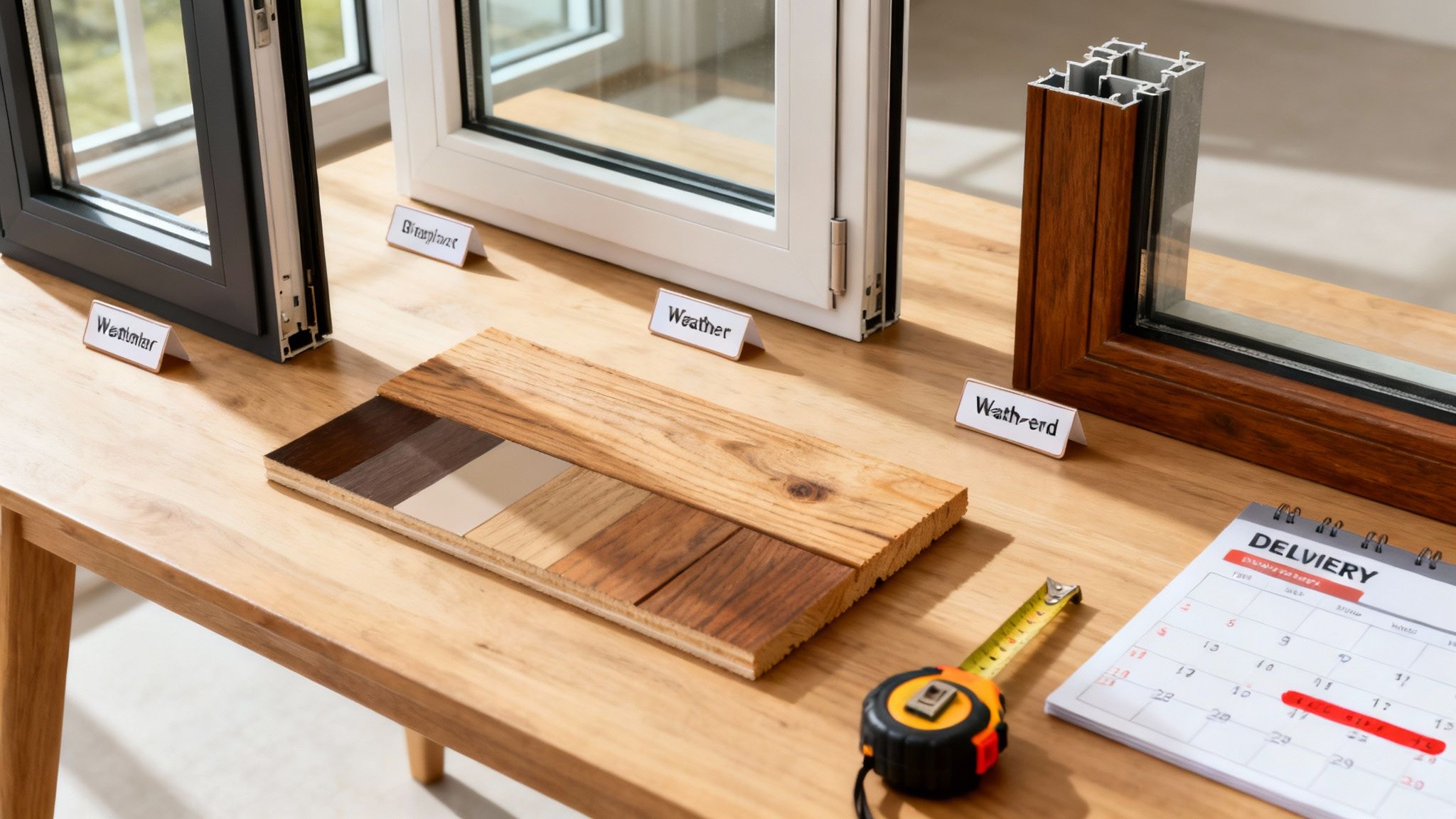 Samples of various window frames, wood finishes, a measuring tape, and a delivery calendar.