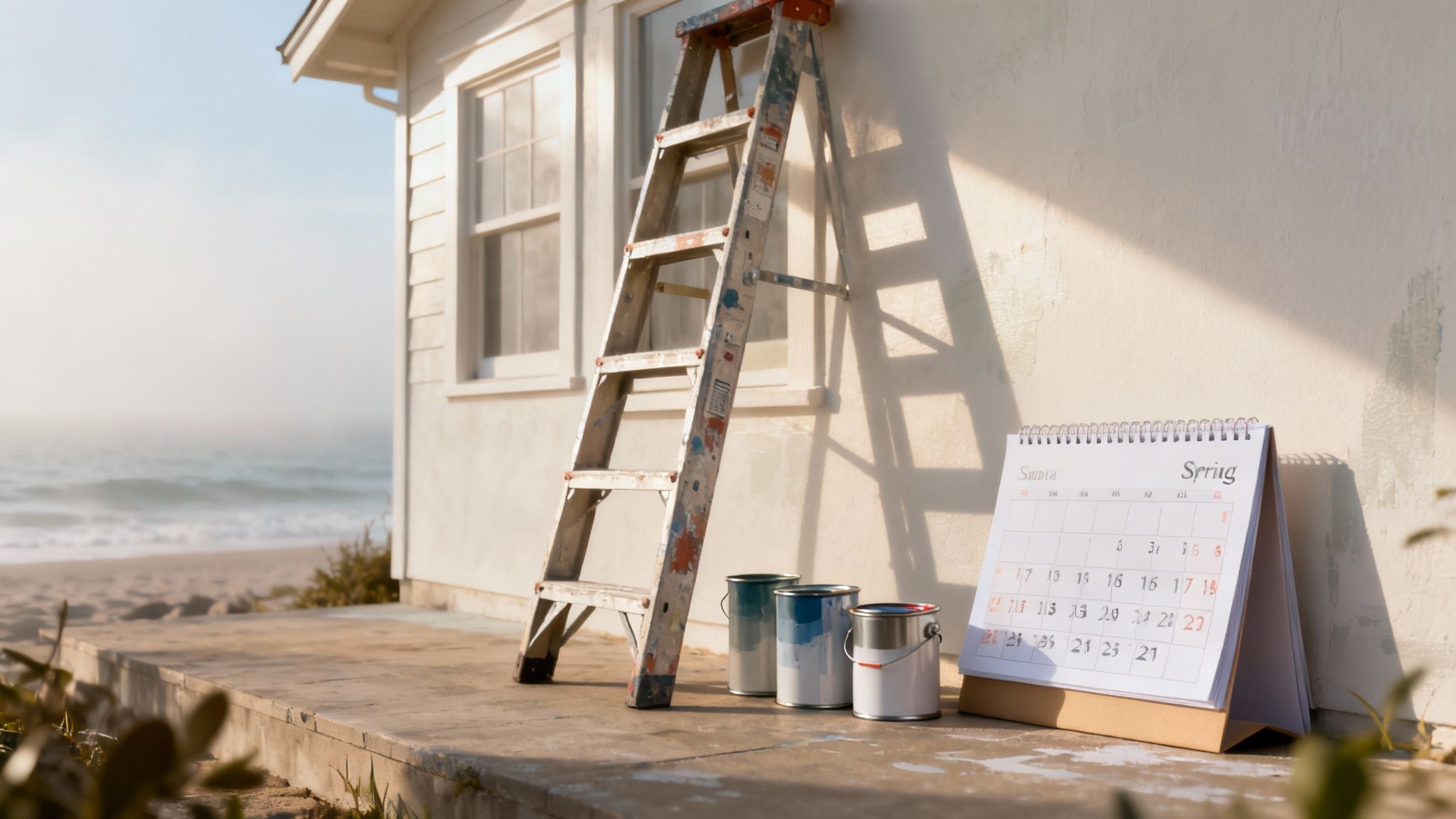 A sunny day with clear skies over a coastal home, ideal for painting.