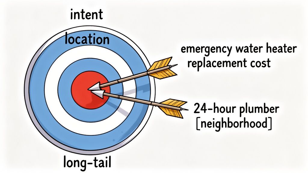 An archery target illustrates SEO targeting concepts like intent, location, long-tail, and specific search queries.