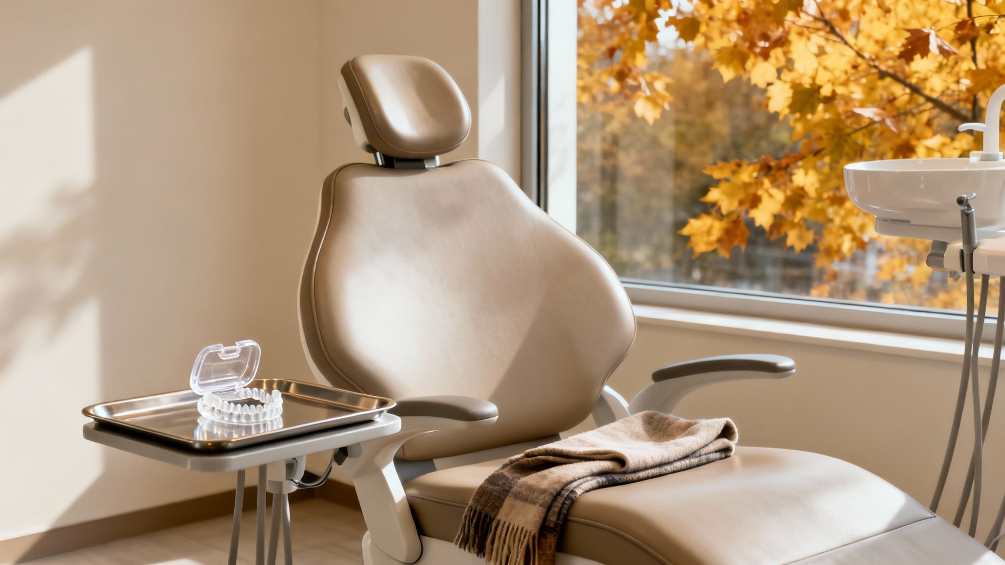 Modern dental office with a comfortable beige chair, dental tools, and autumn leaves outside the window.