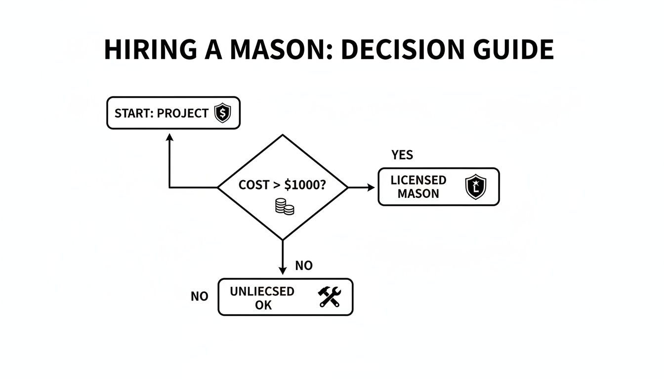 Flowchart titled 'Hiring a Mason: Decision Guide', indicating whether to hire licensed based on project cost.