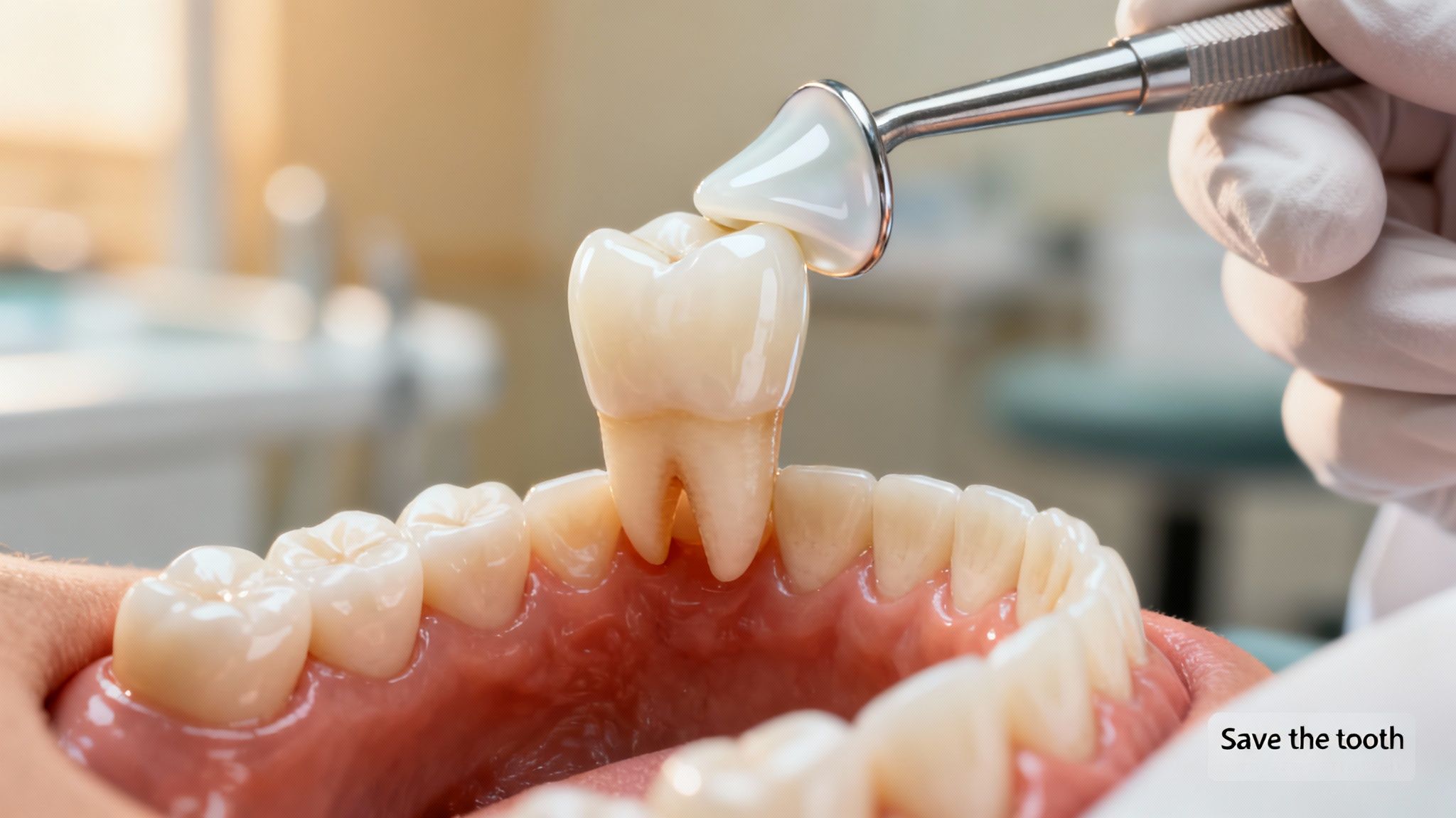 A dental professional carefully places a tooth crown into a patient's lower jaw for restoration.