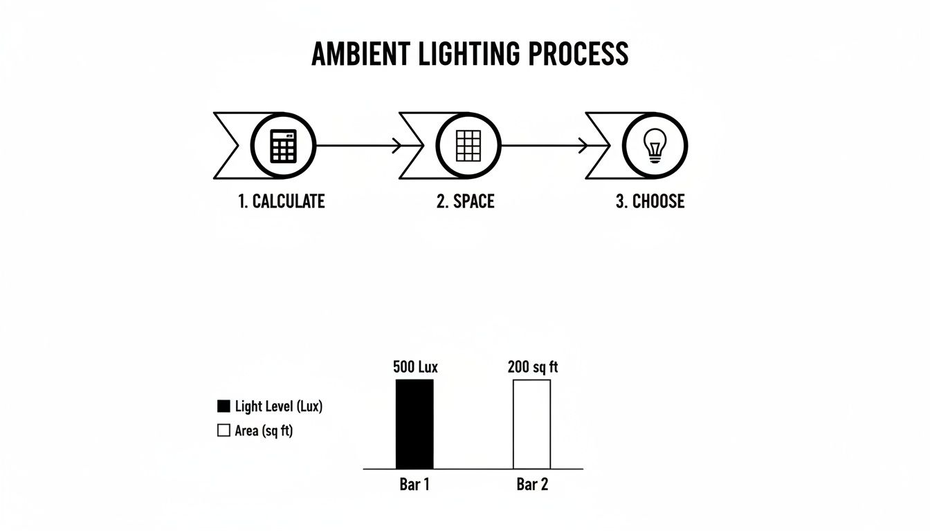 Flowchart details ambient lighting process (calculate, space, choose) with a bar chart showing light level and area.