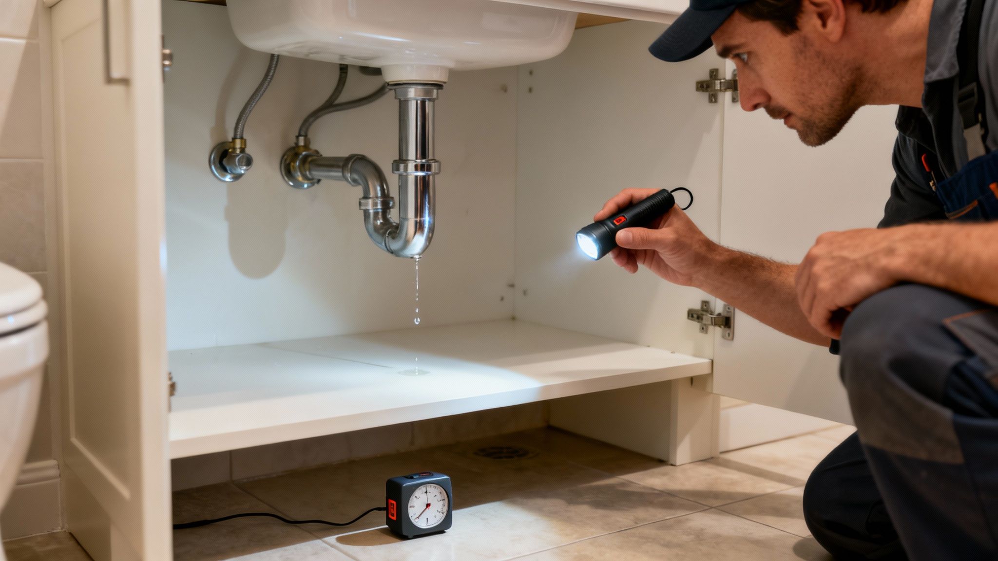 A plumber inspects a leaky sink drain under a bathroom vanity with a flashlight.