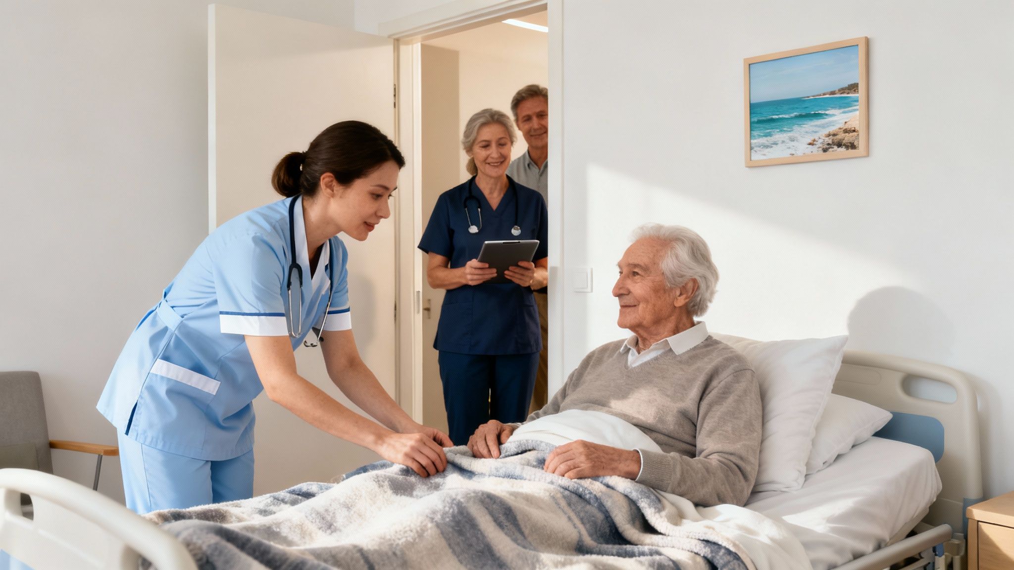 A young nurse gently cares for an elderly male patient in a hospital bed, with other staff observing.