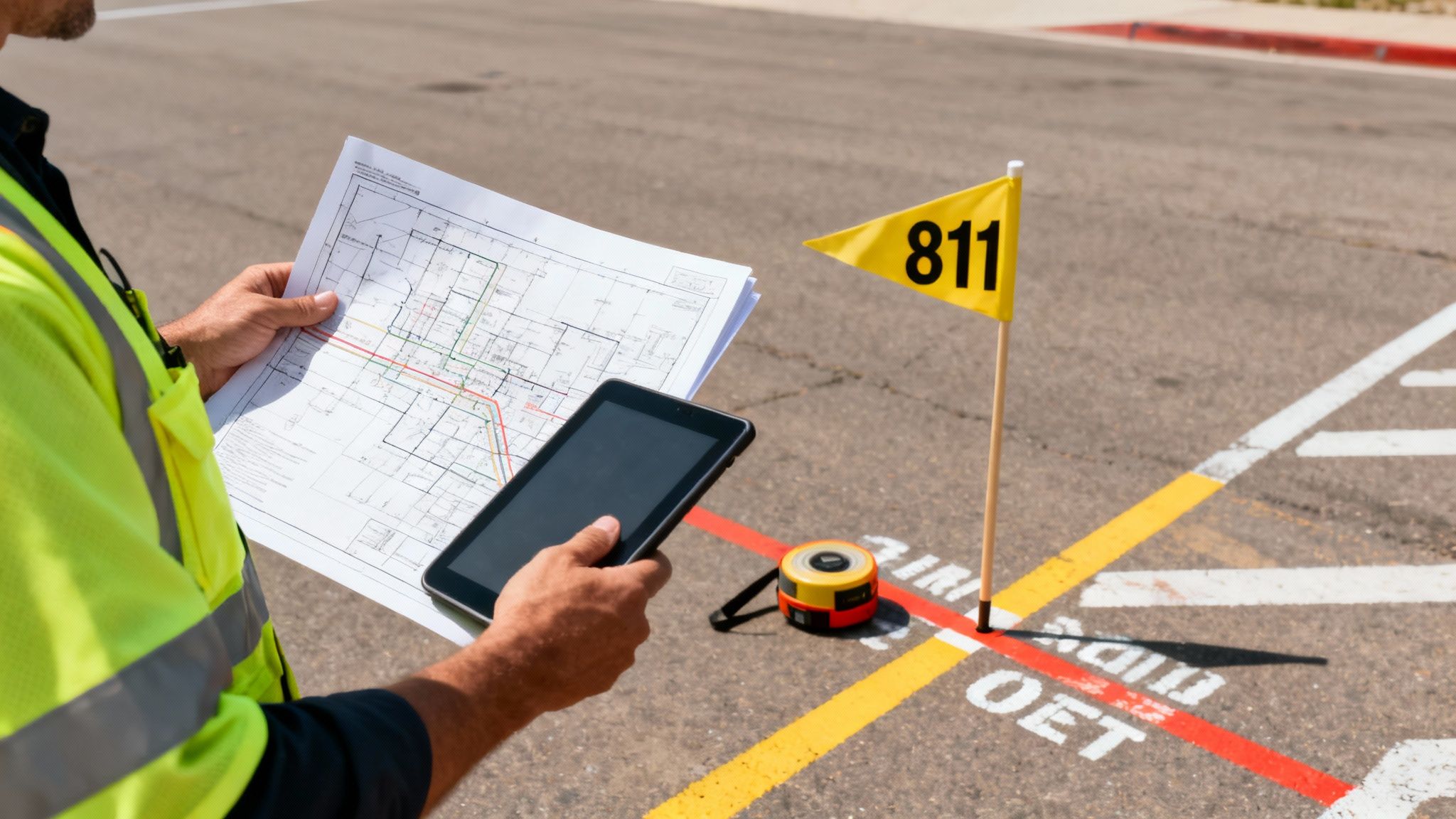A worker in a high-visibility vest reviews blueprints and a tablet at a utility worksite with an 811 flag.