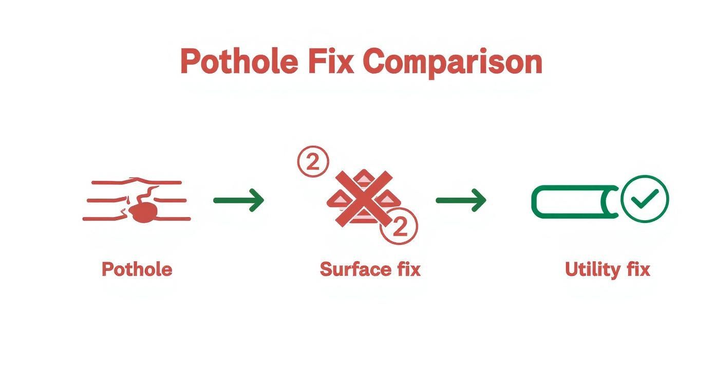 Infographic about winter rains, failing roads & buried utilities: why pothole season demands a utility-smart response