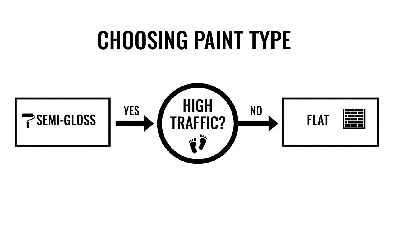 Flowchart guiding the choice between semi-gloss and flat paint based on high traffic areas.