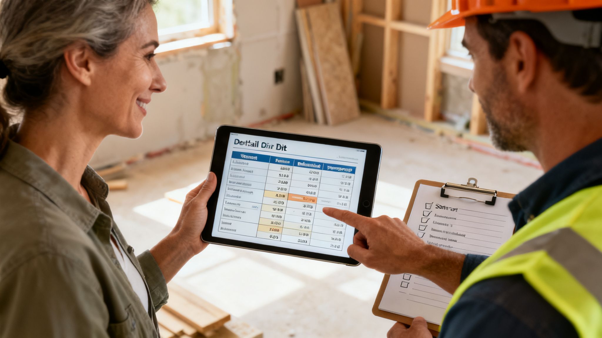 Two construction professionals review a budget on a tablet and checklist at a building site.