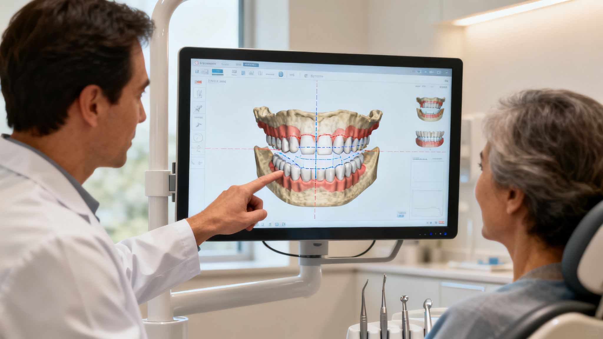 A dentist shows an older patient a 3D model of teeth on a screen for aligner treatment.