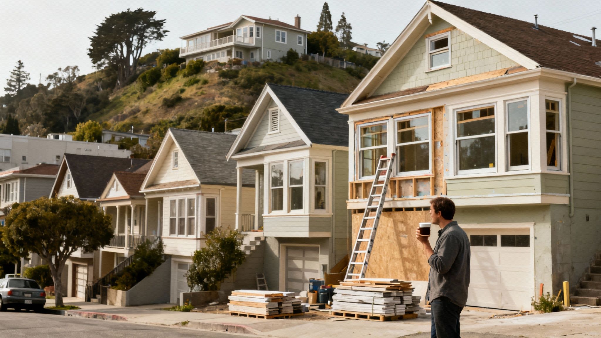 Homeowner observing residential house renovation project with construction materials and ladder in Bay Area neighborhood
