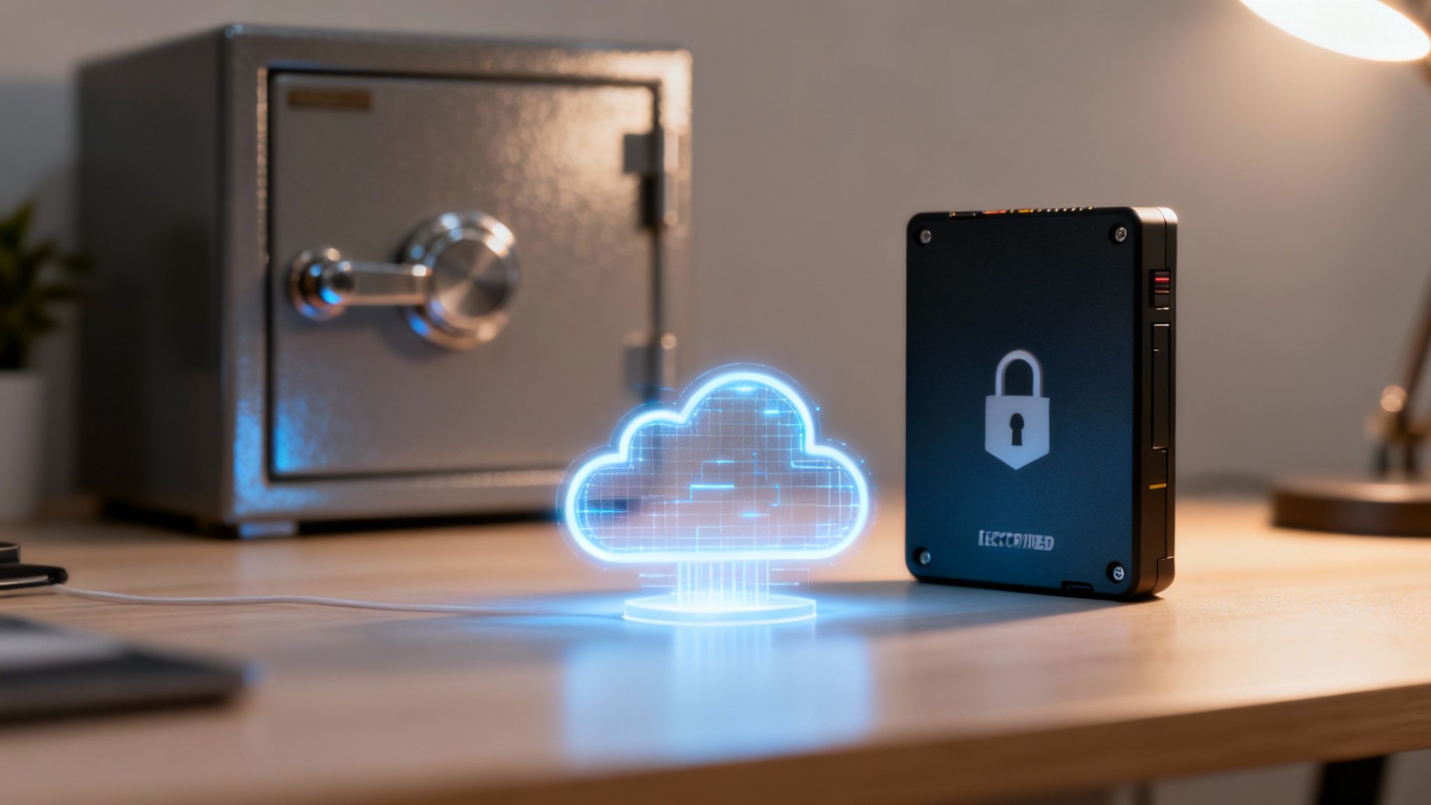 Holographic cloud icon with padlock displayed between physical safe and encrypted device representing cybersecurity