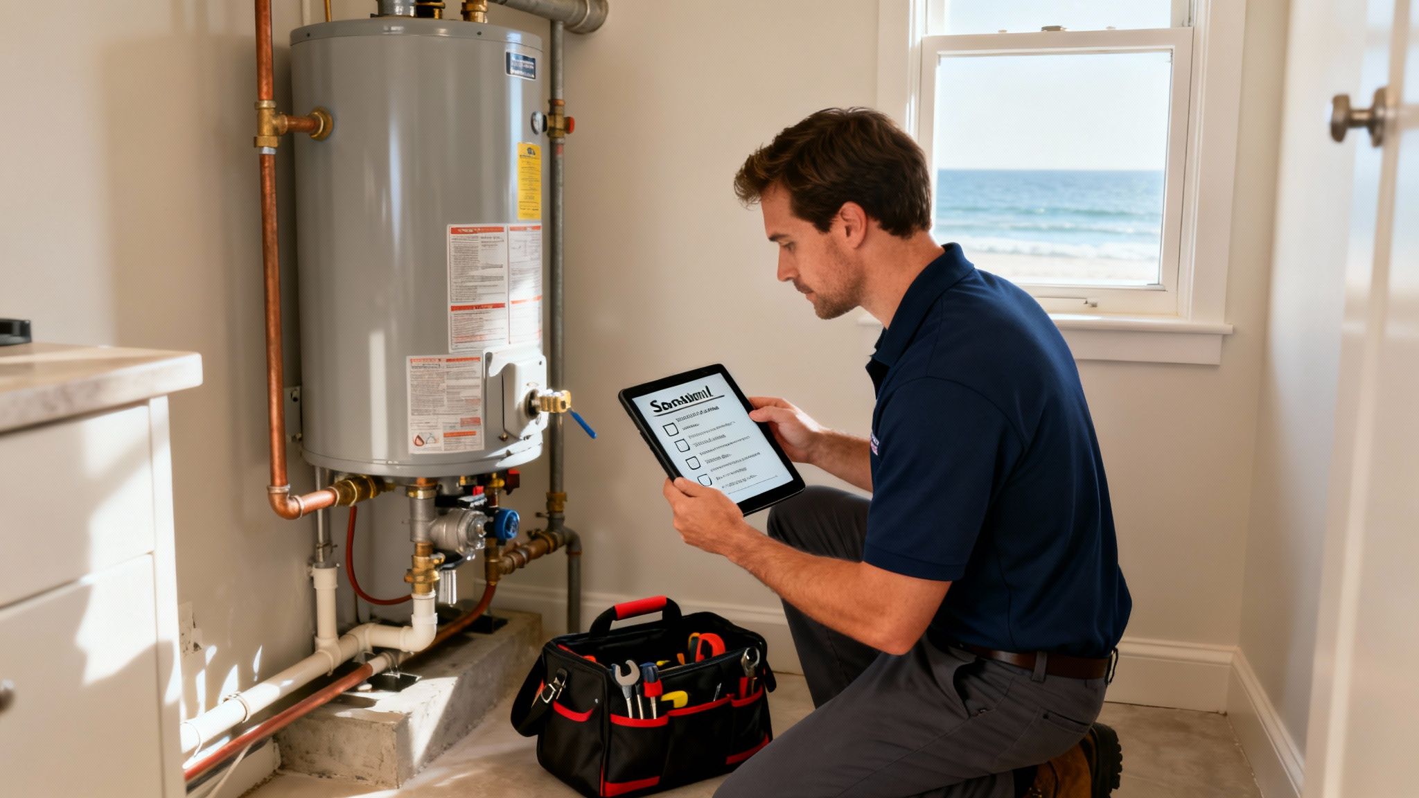A technician kneels by a large water heater, checking a digital checklist on a tablet, with a toolbox nearby.