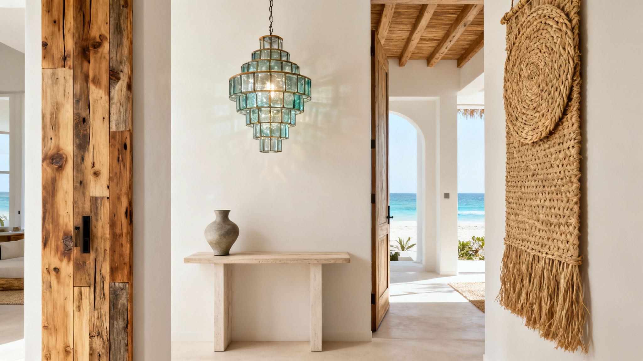 A modern coastal dining room featuring a statement light fixture made from natural, sustainable materials like wood or rattan.