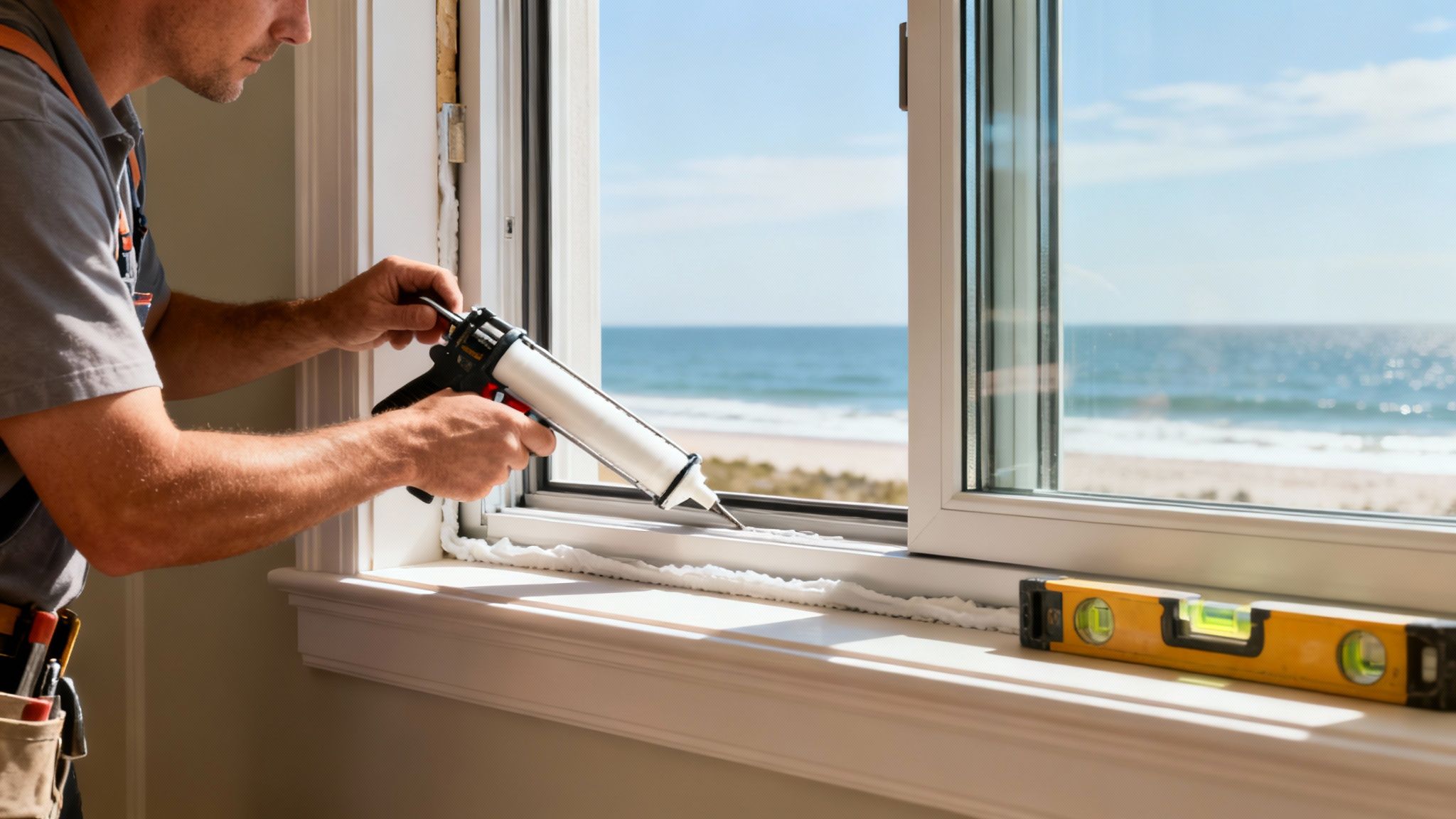 Man applying caulk to a newly installed window frame overlooking a beach and ocean.