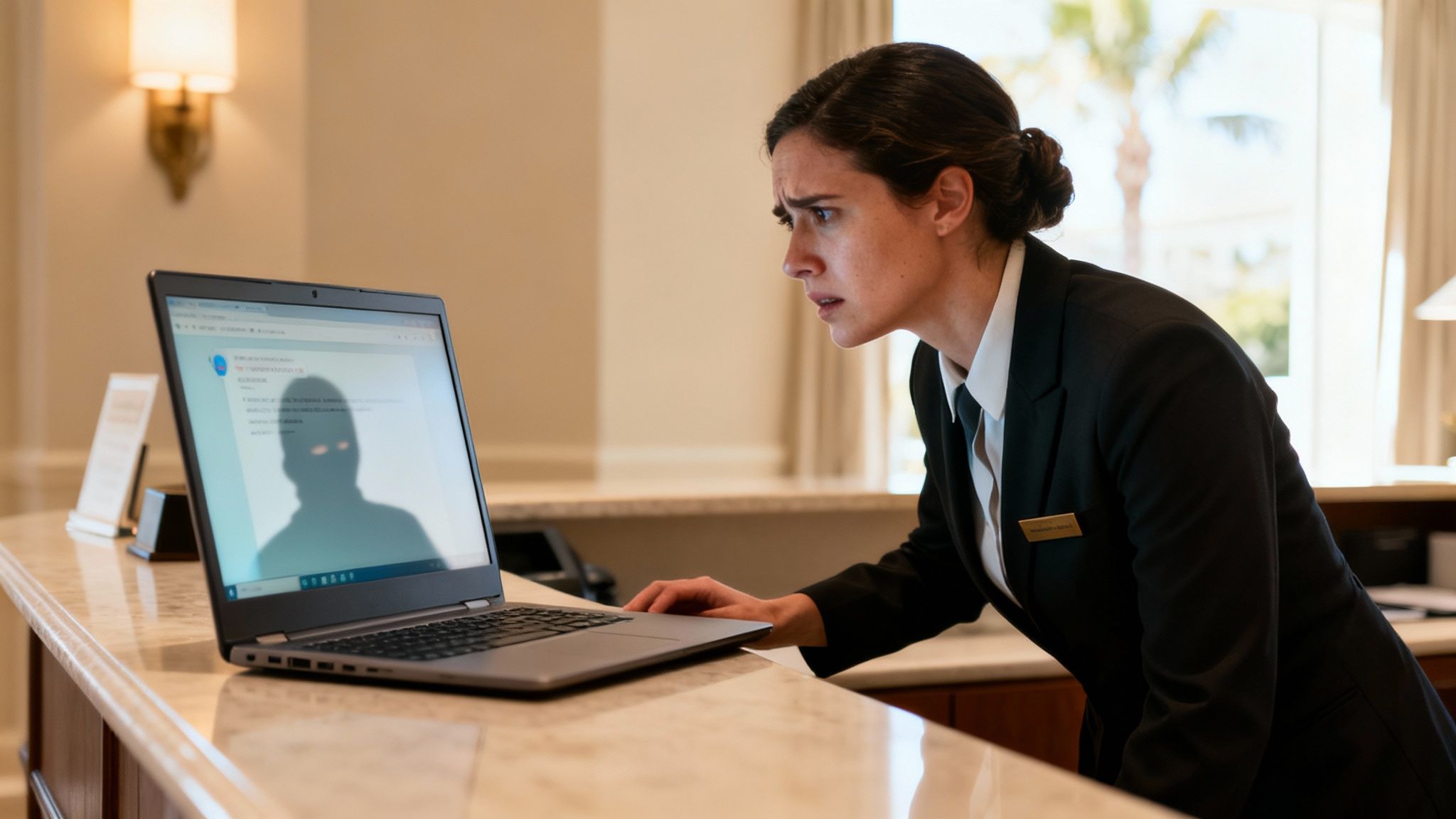 A concerned woman in uniform intently stares at a laptop screen displaying a dark, glowing-eyed silhouette.