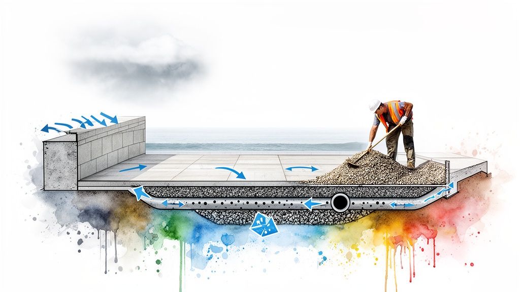 Detailed illustration of a hardscape drainage system, showing water filtering through gravel and a perforated pipe.