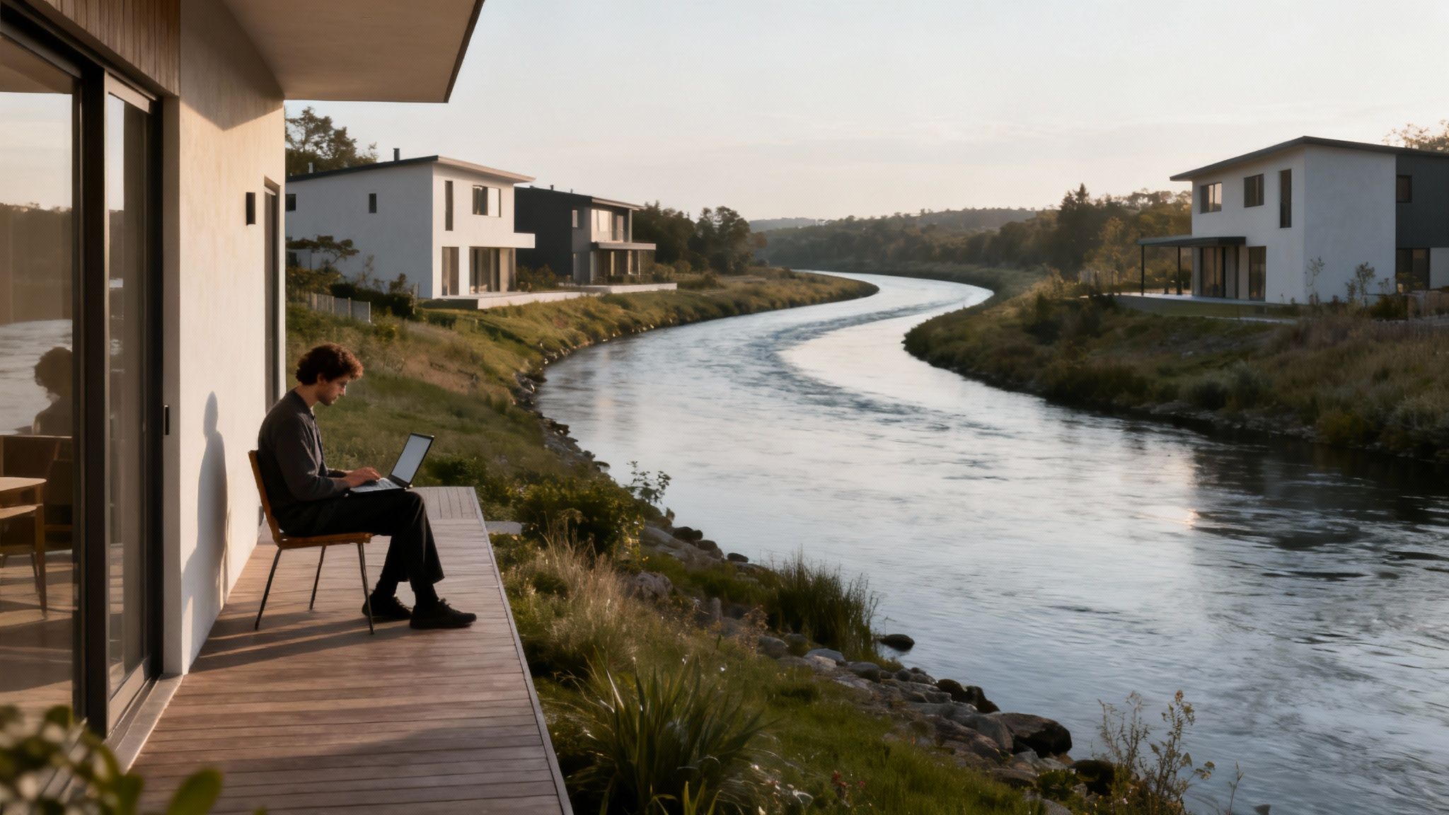 A man with curly hair works on a laptop on a balcony overlooking a winding river.