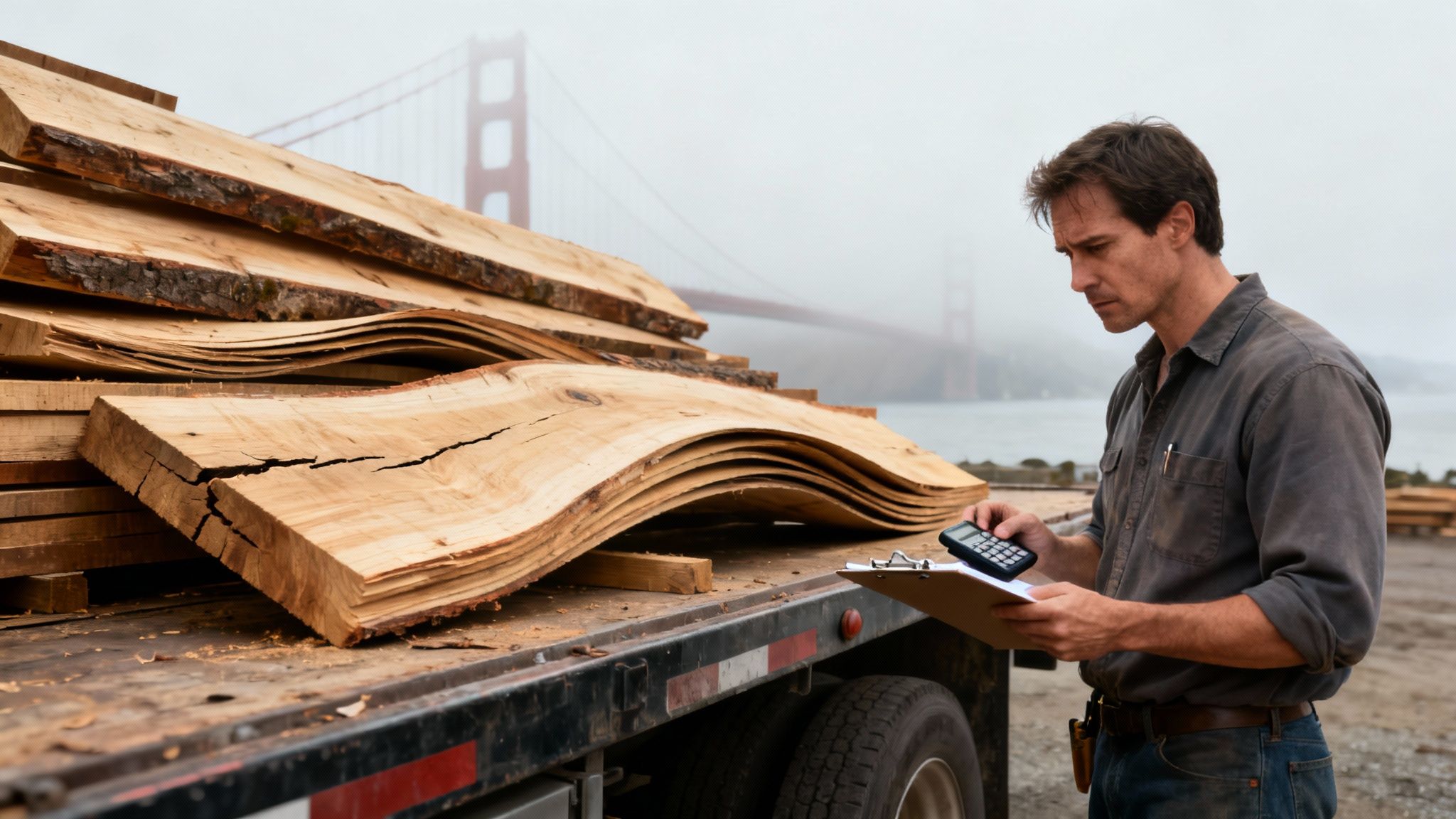 A man inspects warped lumber on a truck with the Golden Gate Bridge in the foggy background.