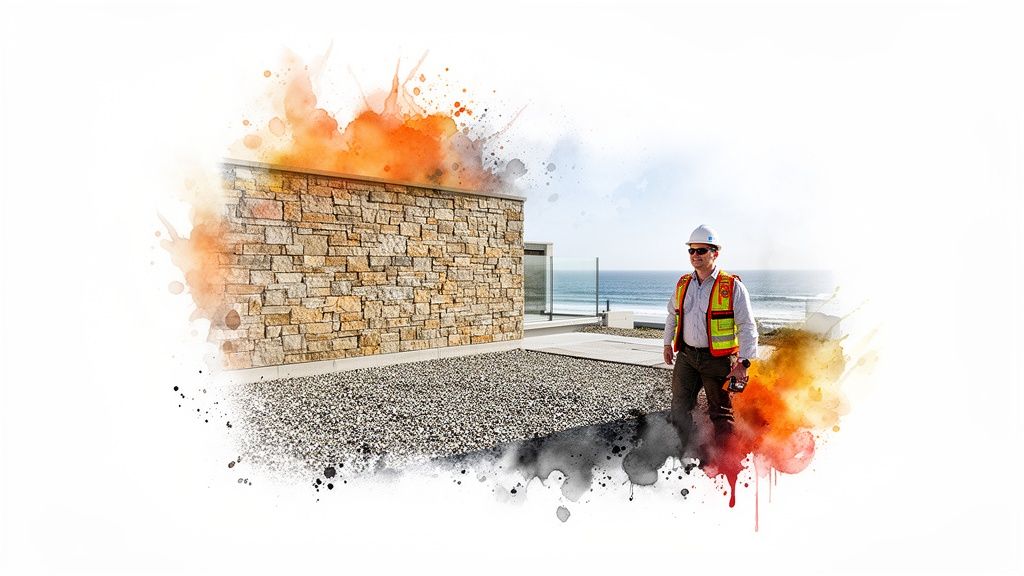 A construction worker in a hard hat and safety vest stands by a stone wall with an ocean view.