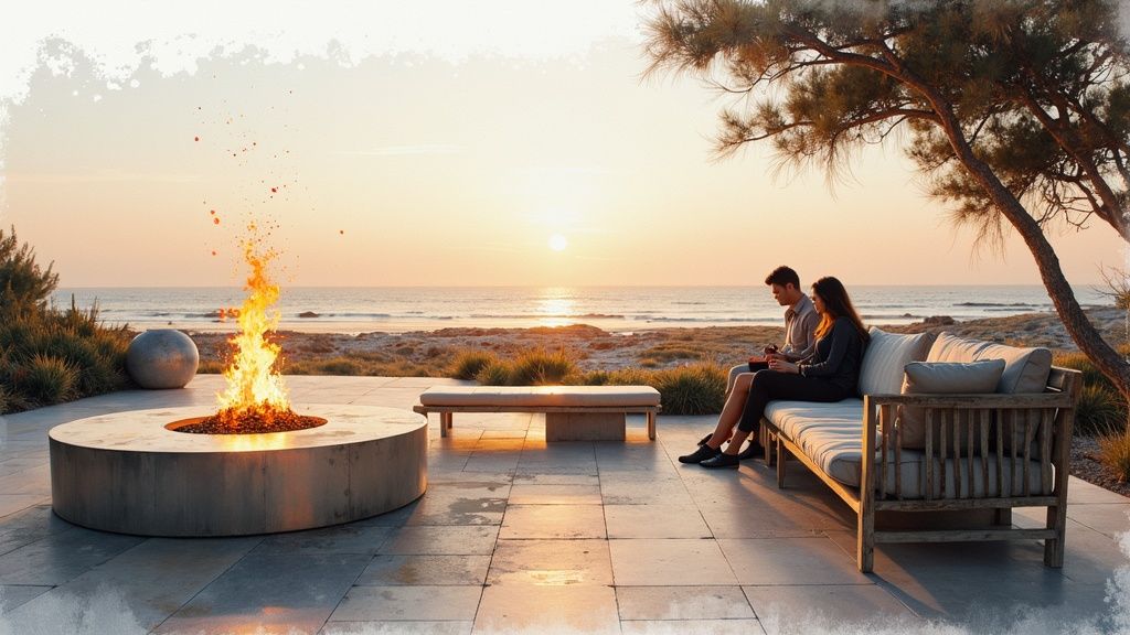 A couple relaxes on an outdoor patio by a fire pit, enjoying the sunset over the ocean.