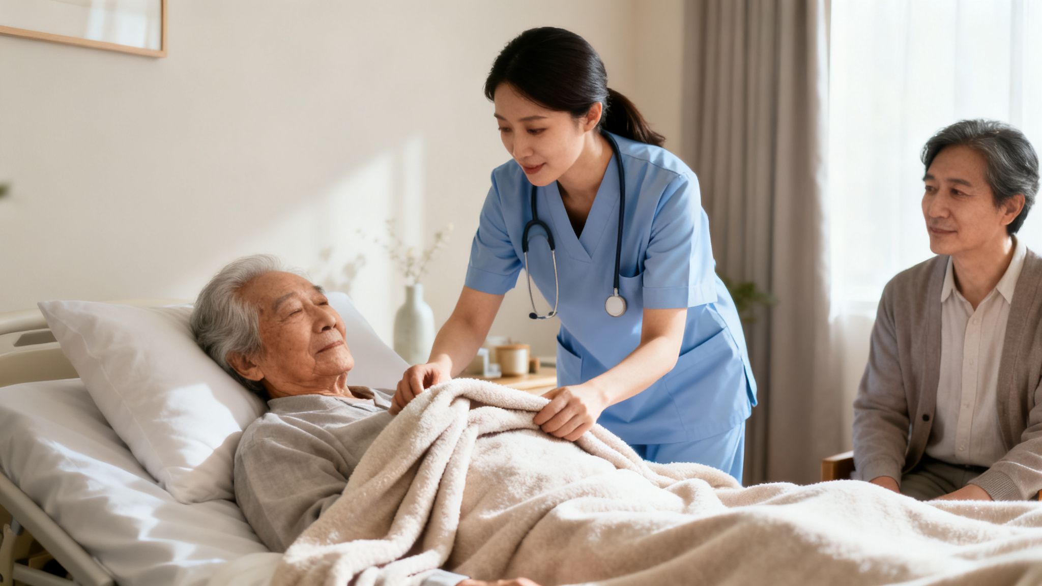 A compassionate nurse covers a peaceful elderly man in bed, while a family member watches.