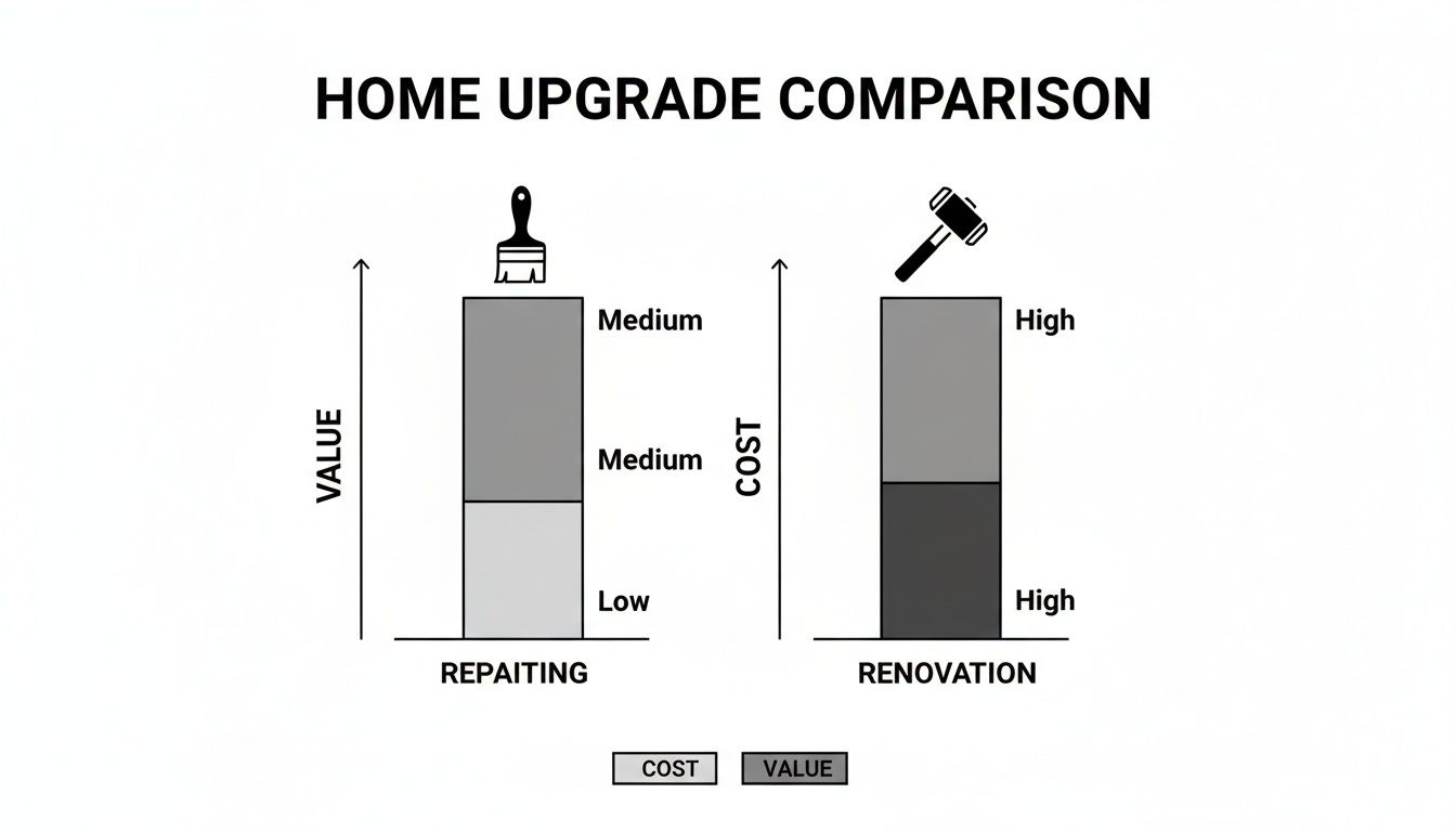 Comparison chart illustrating the cost and value of repainting versus renovating a home.