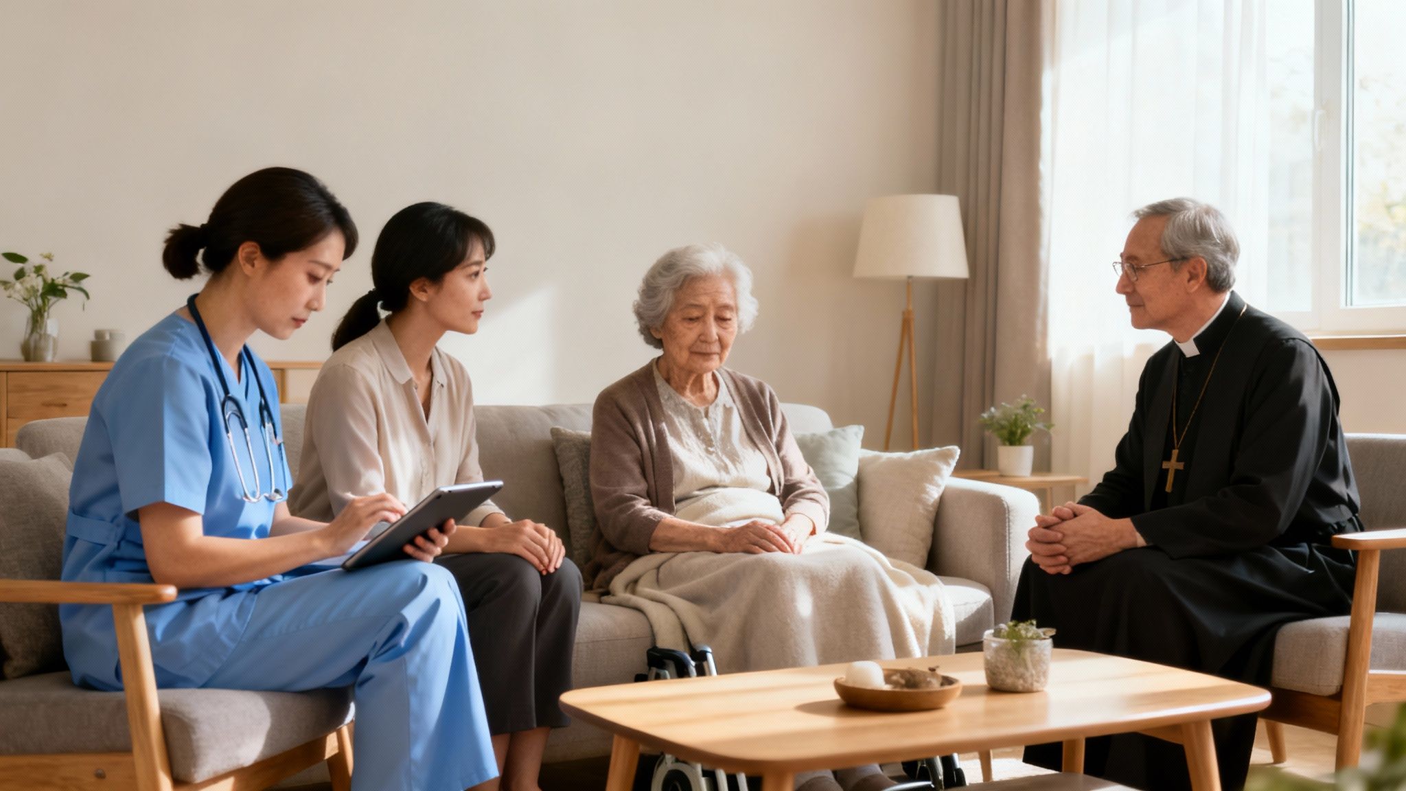 A nurse, family, elderly patient, and priest conversing about palliative care in a home.