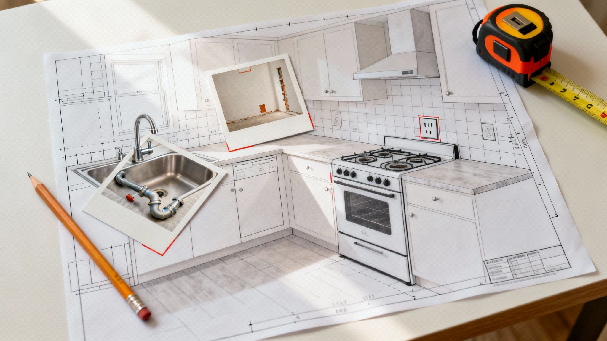 Kitchen remodeling blueprint with photos of a sink and construction, accompanied by a pencil and tape measure.