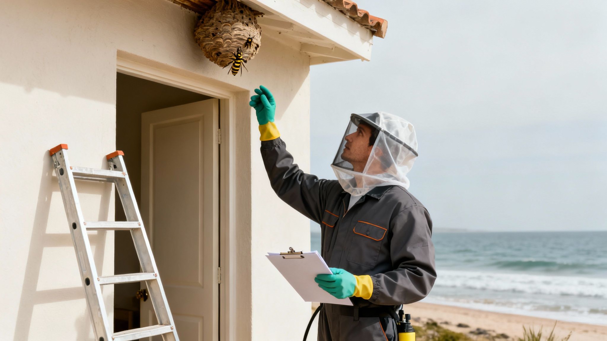 A pest control worker in a protective suit inspects a large wasp nest on a building near the beach.