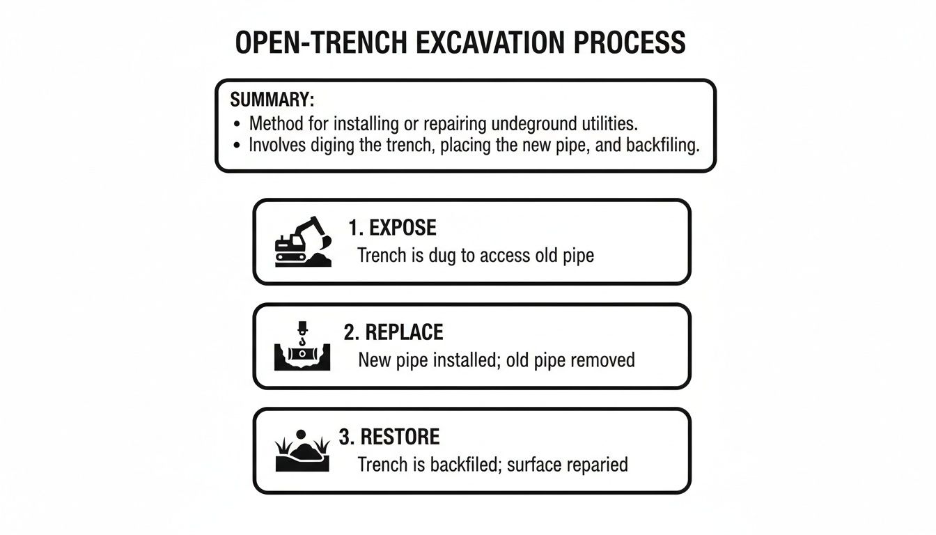 Diagram illustrating the open-trench excavation process, detailing steps for exposing, replacing, and restoring pipes.