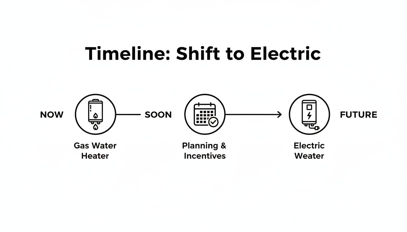 A timeline illustrating the transition from gas water heaters to electric water heaters, with planning and incentives.