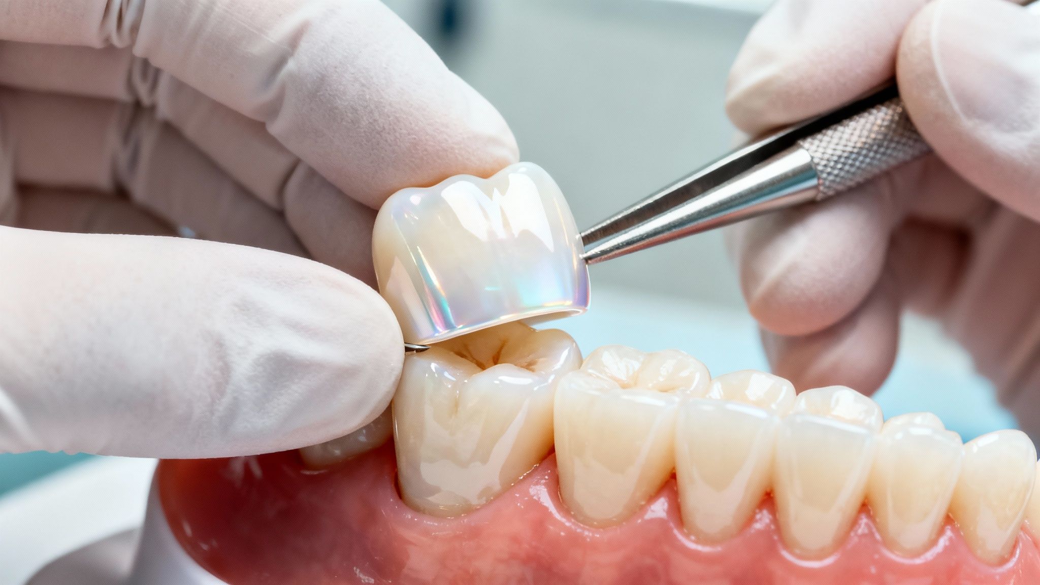 Dental professional's gloved hands placing a shiny ceramic crown onto a prepared tooth on a model.