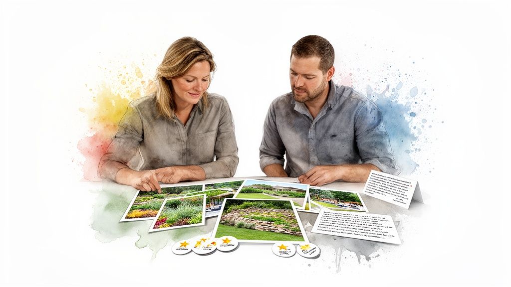 Two people review landscape photos and star-rated cards, discussing potential garden designs.